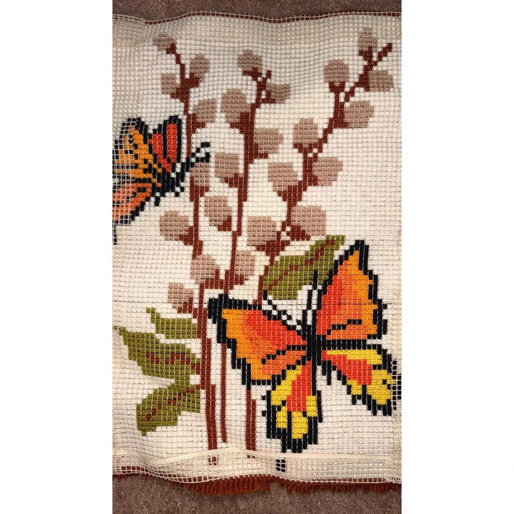 1970s Butterfly Latch Hook Wall Hanging Rug Retro Mid Century Fiber Art Tapestry